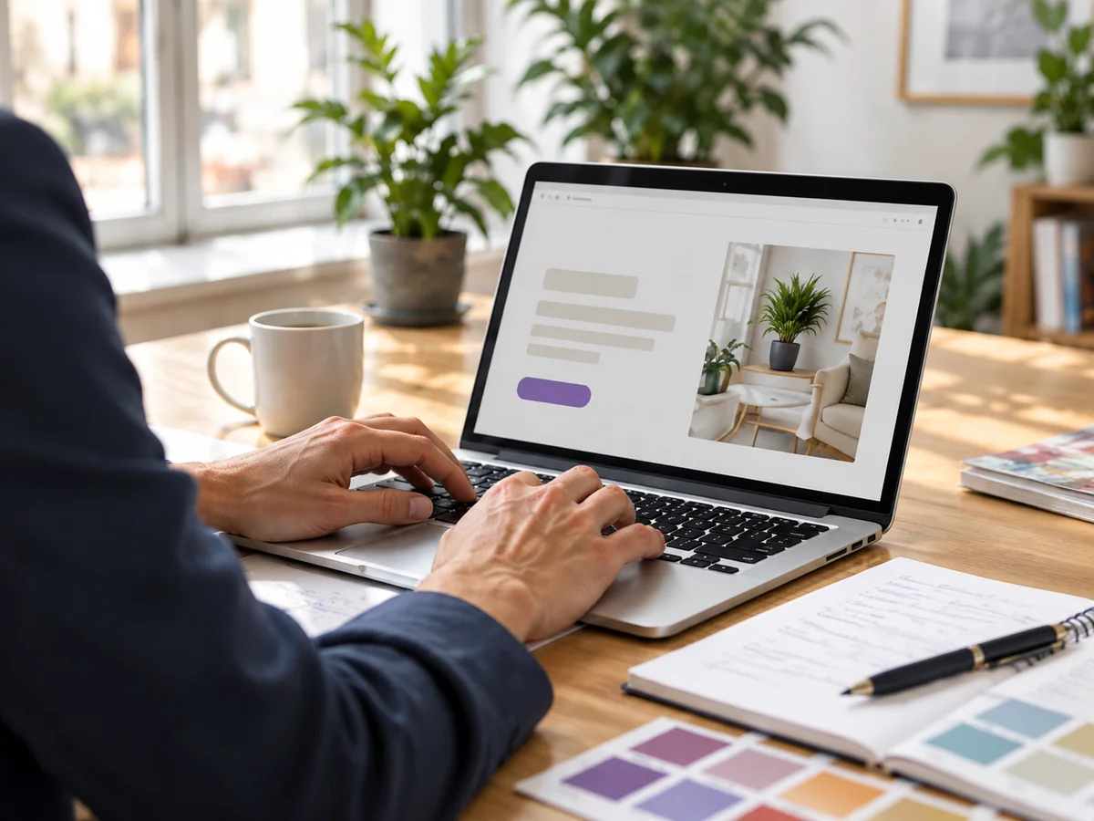 Professionnel qui examine sa publicité en ligne, avec ses notes de travail